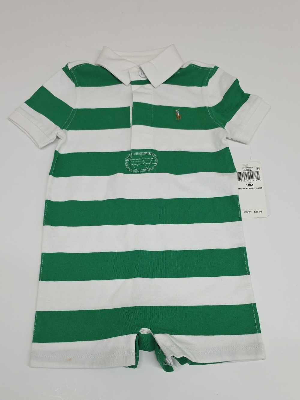 Ralph Lauren Green and White Striped Polo Romper Short Sleeve Size 18 Month